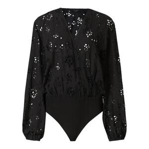 AllSaints Amara Broderie Bodysuit Black V-Neck Wrap Womens Size 10 Whimsygoth